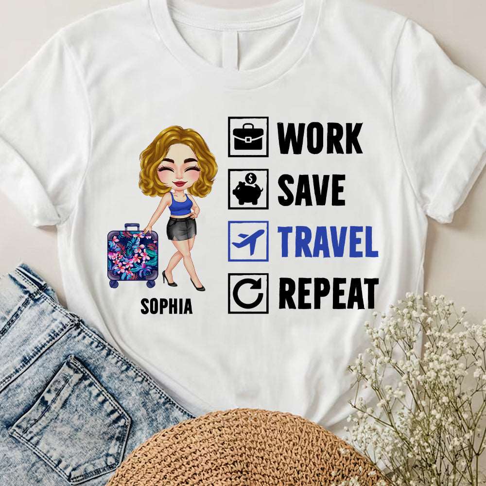 Personalized Work Save Travel Repeat Traveling Girl T-shirt