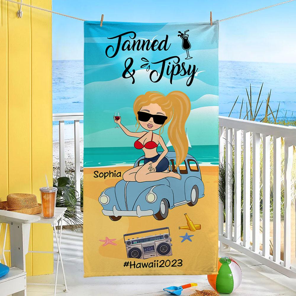 Personalized Tanned and Tipsy Girl Beach Towel - Extrabily
