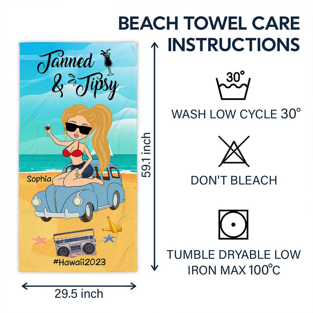 Personalized Tanned and Tipsy Girl Beach Towel - Extrabily